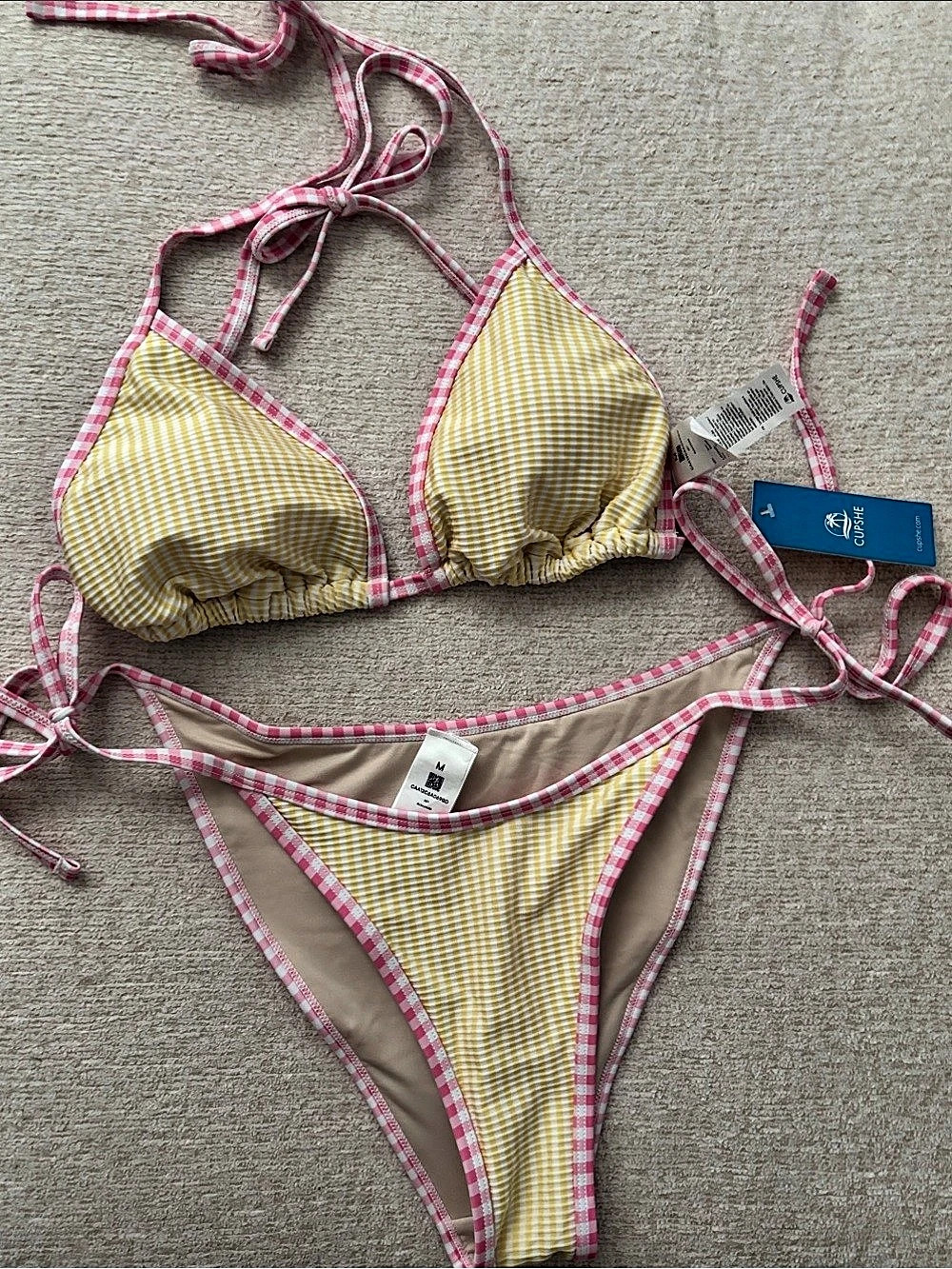 CUPSHE Strawberry Lemonade Gingham Bikini Set Yellow & Pink